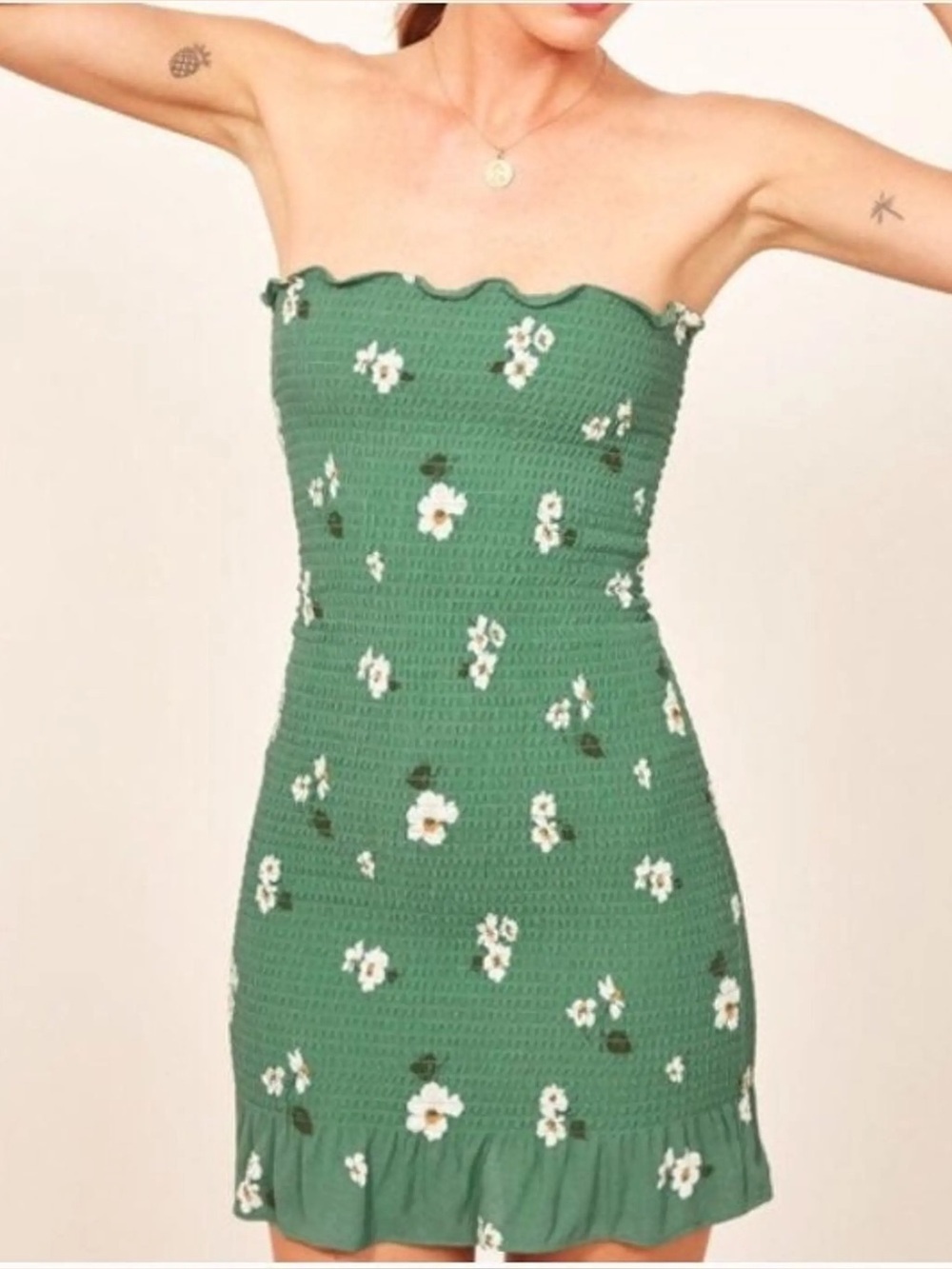 Reformation Chantilly Green Floral Strapless Smocked Dress (129)